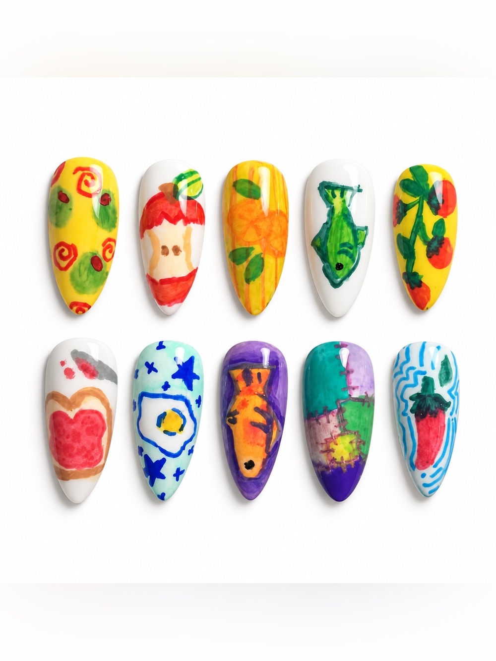 Hand-Painted Yellow, White & Multicolor Small Pet Nail Art Set